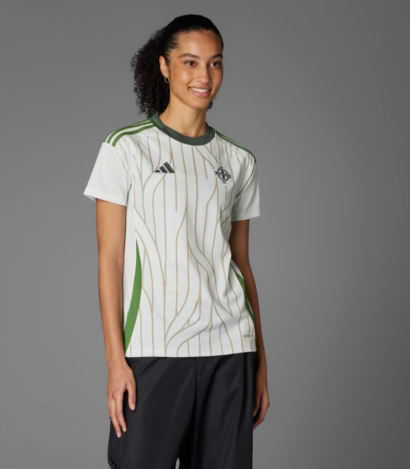 northern ireland away kit 2025 in white and green with gold stripes